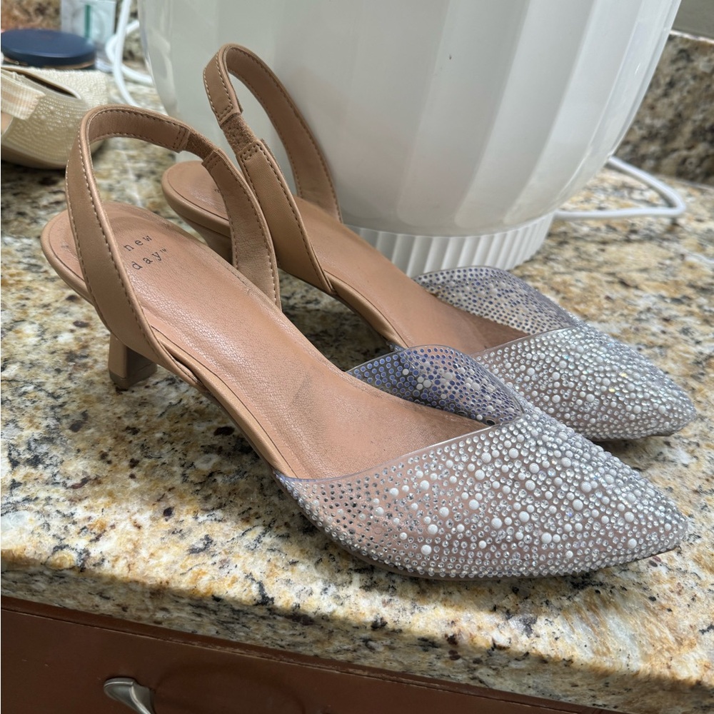 a new day Tan and Silver Slingback Heels
